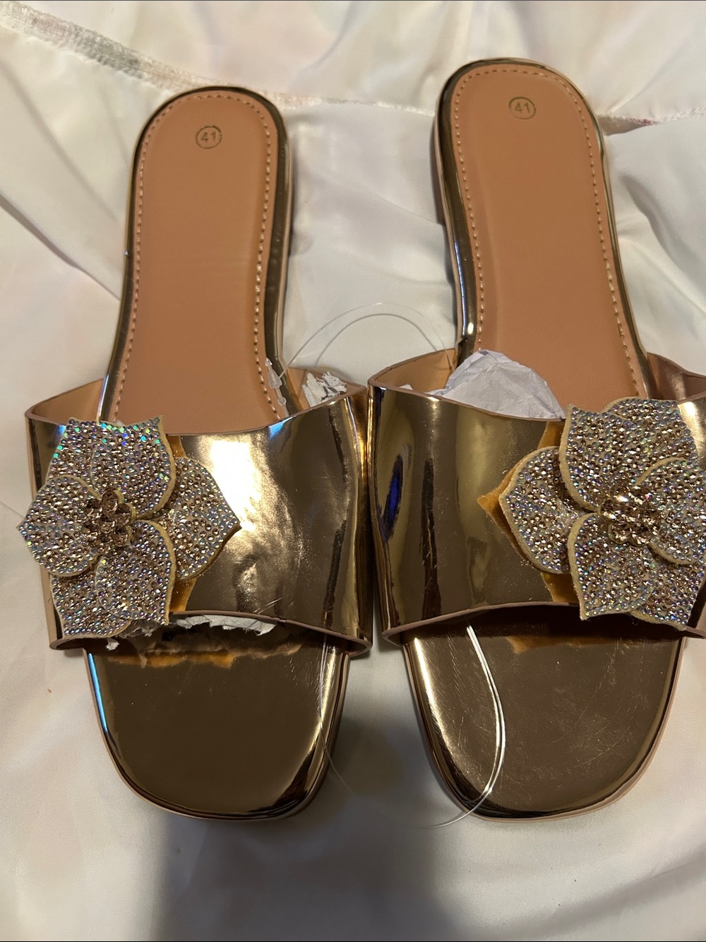 Women's Metallic Gold Slide Mules with Crystal Flower Accent